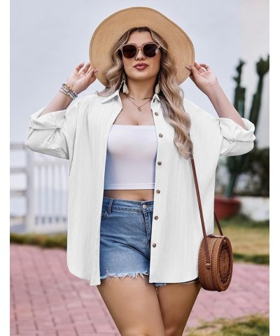 Womens Plus Size Button Down Shirt Casual Long Sleeve V Neck Collared Work Blouses Summer Wrinkled Tops White $18.14 Blouses