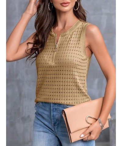 Womens Crochet Sleeveless Tank Tops Crewneck Hollow Out Cool Vest Lightweight Trendy Summer Blouse Shirts Z-khaki $14.39 Vests