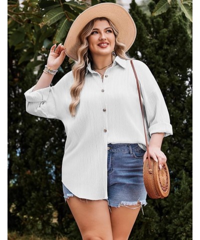 Womens Plus Size Button Down Shirt Casual Long Sleeve V Neck Collared Work Blouses Summer Wrinkled Tops White $18.14 Blouses