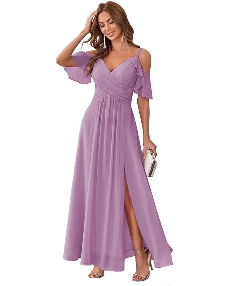 Women's Cold Shoulder Chiffon Bridesmaid Dresses Long with Slit Formal Party Dress for Junior SK95 Dusty Purple $25.30 Dresses