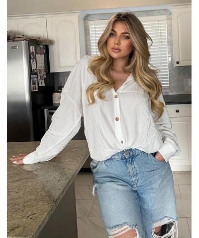 Womens Plus Size Button Down Shirt Casual Long Sleeve V Neck Collared Work Blouses Summer Wrinkled Tops White $18.14 Blouses