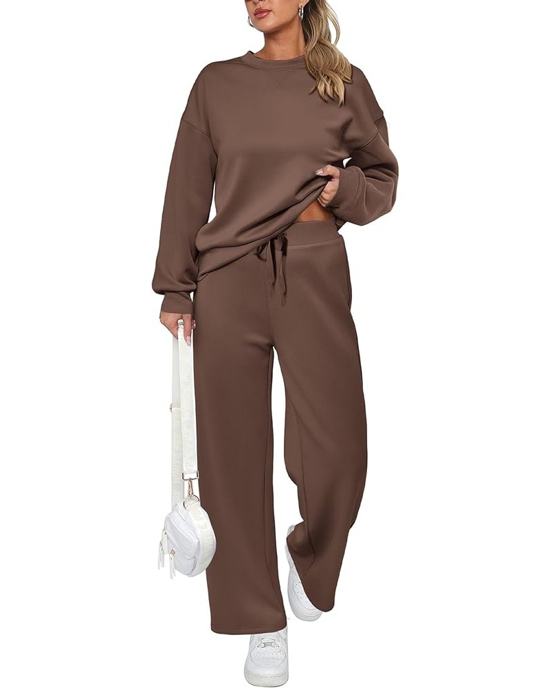 Women's 2 Piece Outfits 2024 Fall Long Sleeve Pullover Tops And Long Pants Lounge Sets Tracksuit Brown $30.79 Activewear