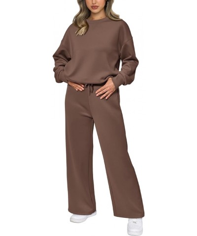 Women's 2 Piece Outfits 2024 Fall Long Sleeve Pullover Tops And Long Pants Lounge Sets Tracksuit Brown $30.79 Activewear