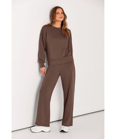 Women's 2 Piece Outfits 2024 Fall Long Sleeve Pullover Tops And Long Pants Lounge Sets Tracksuit Brown $30.79 Activewear