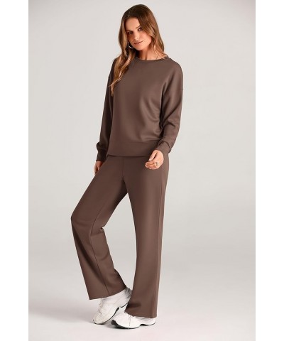 Women's 2 Piece Outfits 2024 Fall Long Sleeve Pullover Tops And Long Pants Lounge Sets Tracksuit Brown $30.79 Activewear