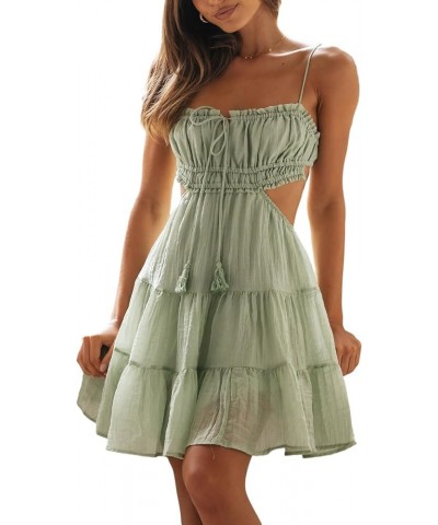 Women Ruffle Mini Dress Bodycon Square Neck Smocked Short Dress Lace Aline Party Y2k Dresses I C07 Green $12.25 Dresses