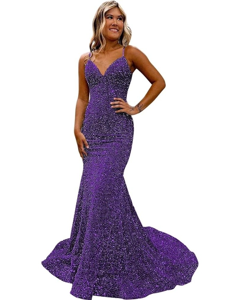 Spaghetti Straps Prom Dresses for Women Sequin Formal Evening Party Dresses BF68 Purple $36.75 Dresses