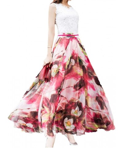 Women's Floral Maxi Chiffon Long Skirts Full Length Beach Skirt Red $16.10 Skirts