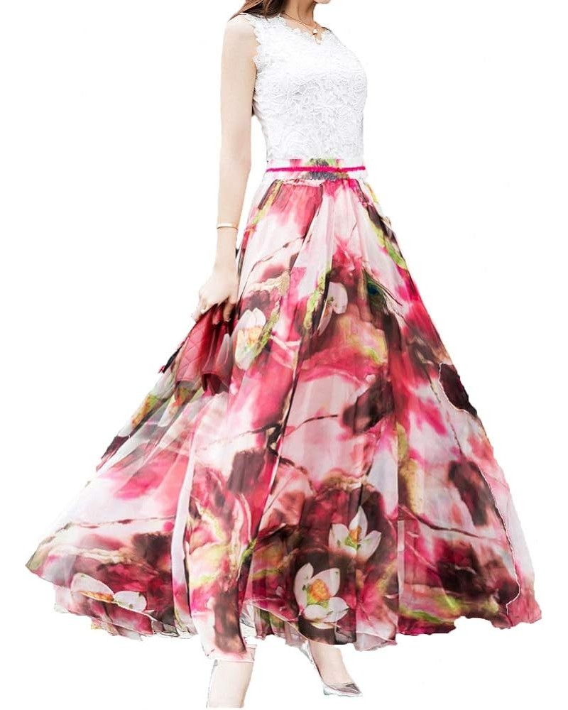 Women's Floral Maxi Chiffon Long Skirts Full Length Beach Skirt Red $16.10 Skirts