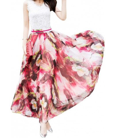 Women's Floral Maxi Chiffon Long Skirts Full Length Beach Skirt Red $16.10 Skirts