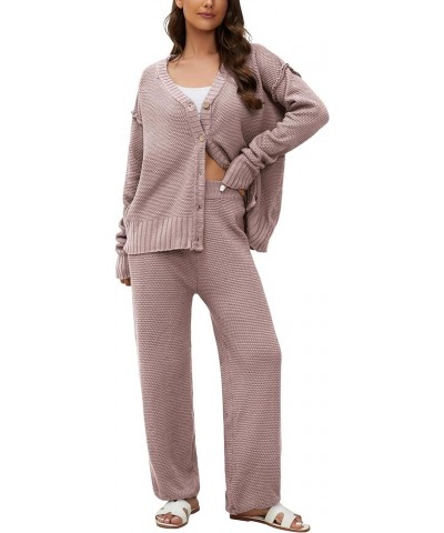 Women's Two Piece Outfits Sweater Sets Knit Cardigan Top and Loose Fit Wide Leg Pants Casual Lounge Set Purple $21.60 Sweaters