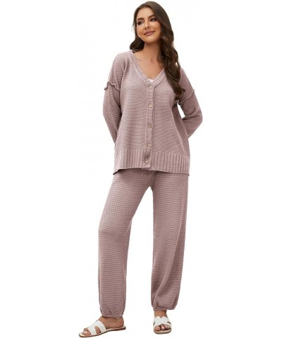 Women's Two Piece Outfits Sweater Sets Knit Cardigan Top and Loose Fit Wide Leg Pants Casual Lounge Set Purple $21.60 Sweaters