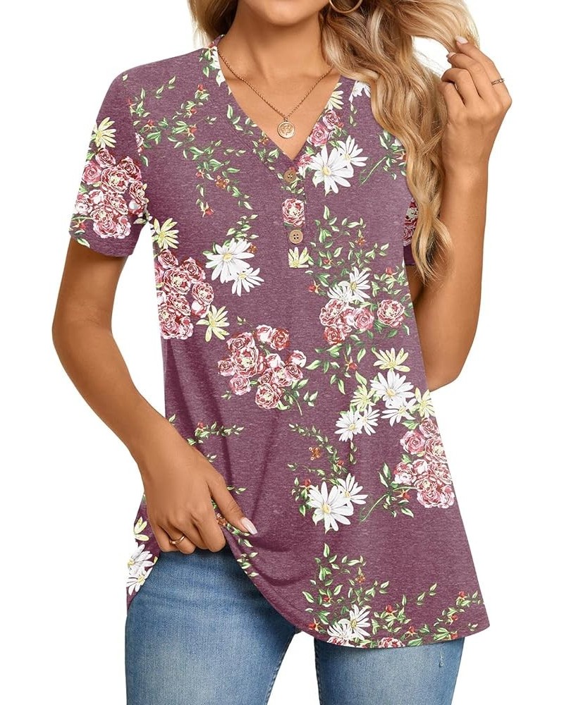 Womens Henley Tunic Tops Button Up T-Shirts Short Sleeve V-Neck Casual Blouses Fl Mauve $12.99 Tops