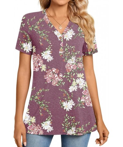 Womens Henley Tunic Tops Button Up T-Shirts Short Sleeve V-Neck Casual Blouses Fl Mauve $12.99 Tops