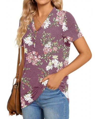 Womens Henley Tunic Tops Button Up T-Shirts Short Sleeve V-Neck Casual Blouses Fl Mauve $12.99 Tops