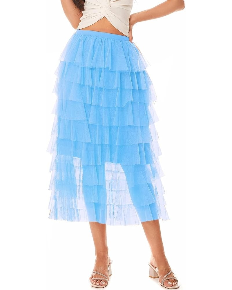 Women's Elastic Waist Tiered Layered Mesh Ballet Prom Party Tulle Tutu A-line Long Skirt (Red, L) Large Light Blue $17.04 Skirts