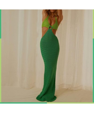 Print Knit Bodycon Dress for Women Y2K Green Hollow Out Midi Dresses Sleeveless 2021 Summer Beach Dress Halter Patchwork Gree...