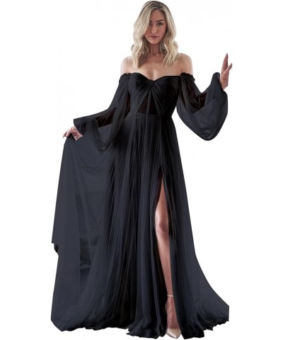 Strapless Prom Dress Long Bell Sleeve Sheer Corset Top A Line Tulle Wedding Dresses for Bride Evening Gowns Black $32.40 Dresses