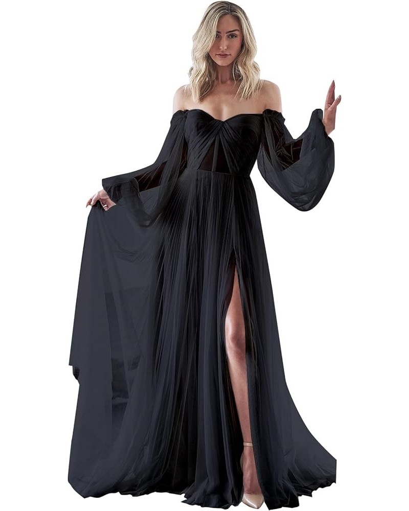 Strapless Prom Dress Long Bell Sleeve Sheer Corset Top A Line Tulle Wedding Dresses for Bride Evening Gowns Black $32.40 Dresses