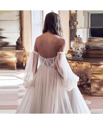 Strapless Prom Dress Long Bell Sleeve Sheer Corset Top A Line Tulle Wedding Dresses for Bride Evening Gowns Black $32.40 Dresses