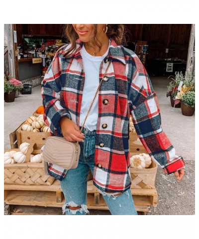 Shacket Jacket Women Casual Plaid Wool Blend Long Sleeve Coat Button Down Pockets Flannel Lapel Jacket 10♛red $8.78 Jackets