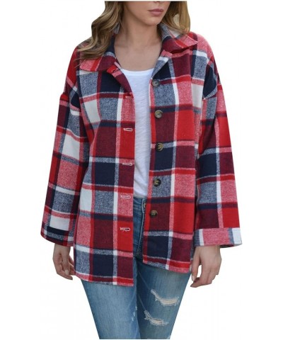 Shacket Jacket Women Casual Plaid Wool Blend Long Sleeve Coat Button Down Pockets Flannel Lapel Jacket 10♛red $8.78 Jackets