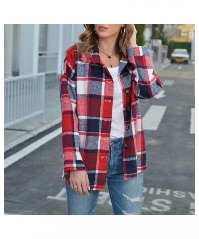 Shacket Jacket Women Casual Plaid Wool Blend Long Sleeve Coat Button Down Pockets Flannel Lapel Jacket 10♛red $8.78 Jackets