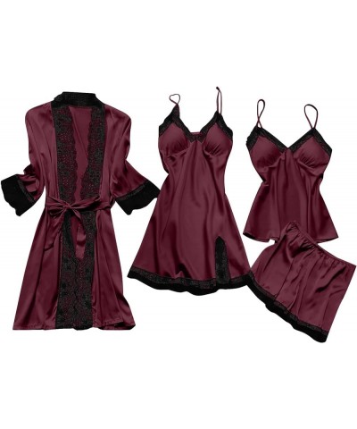 Womens Pajamas 4 Piece Pjs Sets Silk Satin Nightgown Lace Lingerie and Shorts Soft Sleepwear Lounge Set with Robe C-wine $7.9...