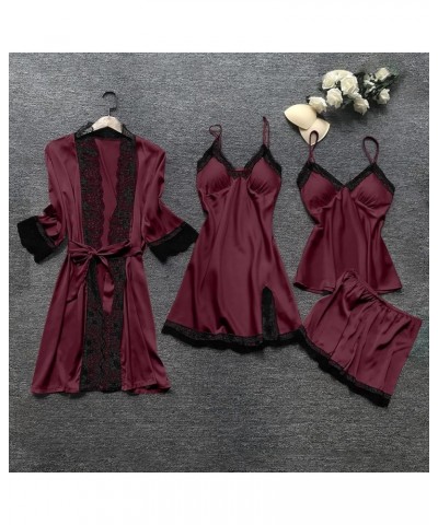 Womens Pajamas 4 Piece Pjs Sets Silk Satin Nightgown Lace Lingerie and Shorts Soft Sleepwear Lounge Set with Robe C-wine $7.9...