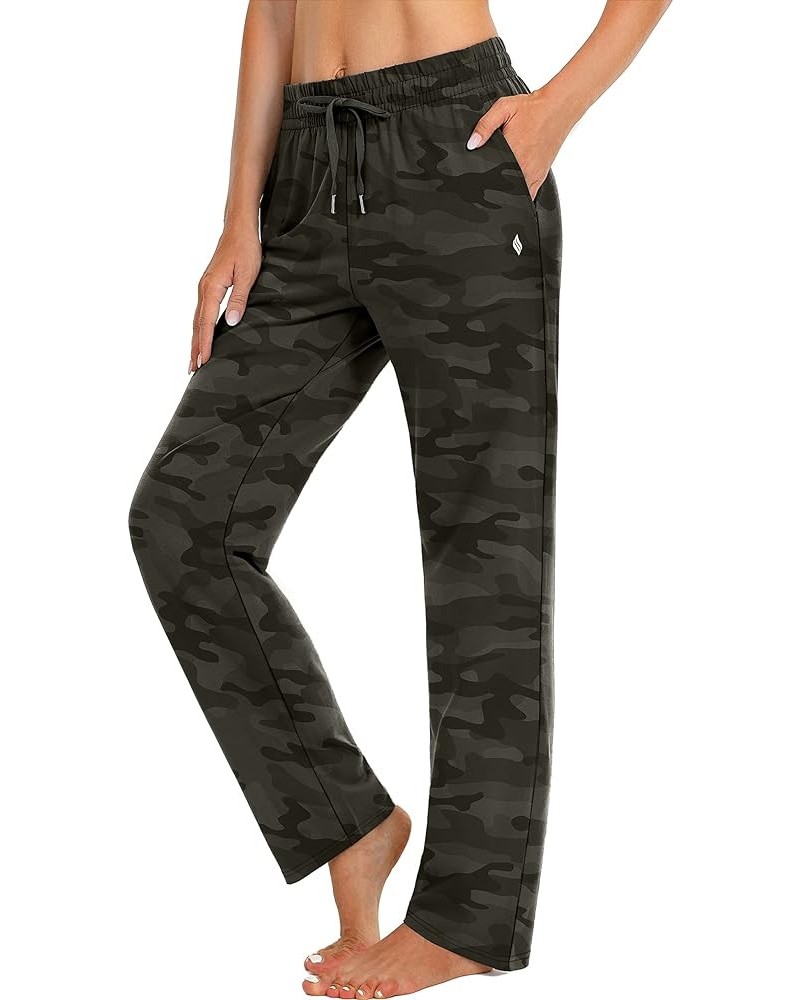 Women's Cotton Sweatpants Yoga Lounge Casual Pants Open Bottom Sweat Pants for Women with Pockets Green Camo $20.13 Pants