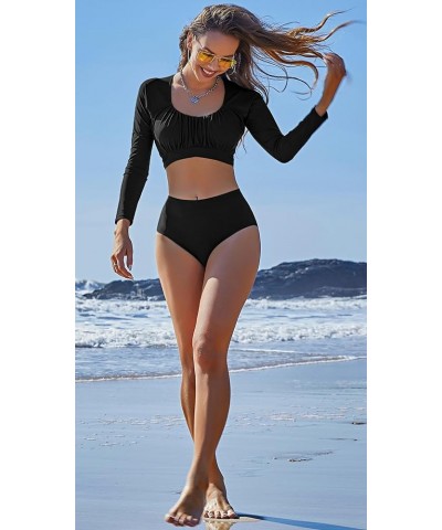 Women 2 Piece Rash Guard Swimsuit Sets Swim Top UPF 50+ Swim Crop Top with Bikini Bottom Black Solid $13.76 Sets