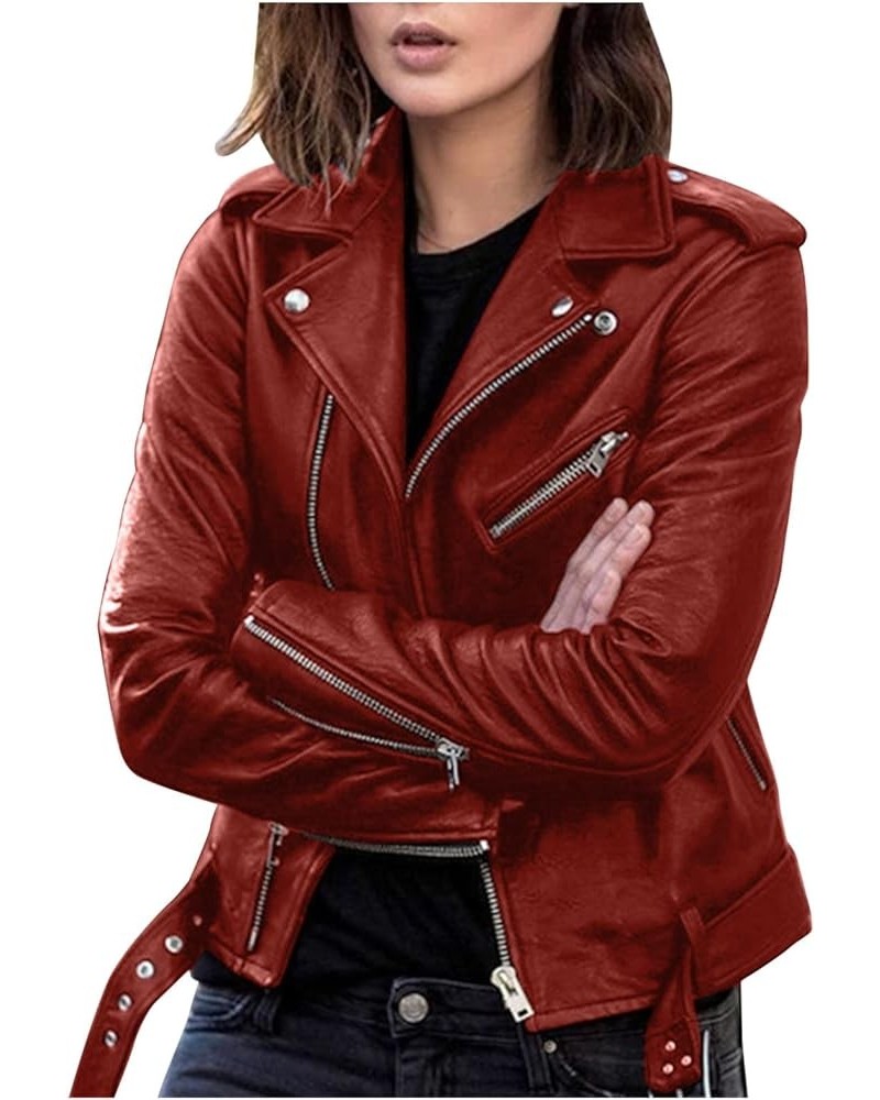 Women'S Faux Leather Jacket with Faux Fura Collar Long Sleeve Short Cardigan Slim Jacket Coat Hoodies for Women Wine-2 $14.40...