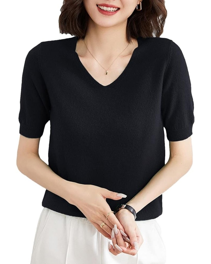 Women's Casual Solid Color V-Neck Short Sleeve Pullover Sweater Shirt Lightweight Knit Cashmere Blend Sweater Tops Black $17....