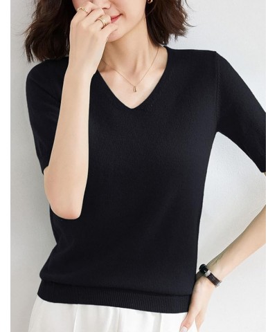 Women's Casual Solid Color V-Neck Short Sleeve Pullover Sweater Shirt Lightweight Knit Cashmere Blend Sweater Tops Black $17....