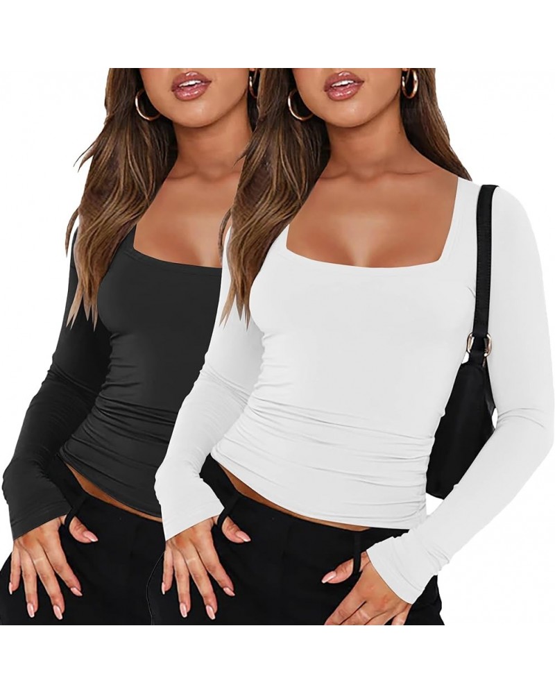 Women's 2 Piece Long Sleeve Square Neck Slim Fit Crop Tops T-Shirt Tees Streetwear 2024 Fashion Y2K Tops Black & White $19.64...