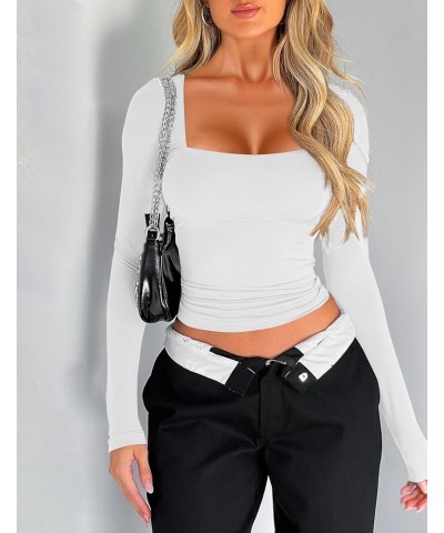 Women's 2 Piece Long Sleeve Square Neck Slim Fit Crop Tops T-Shirt Tees Streetwear 2024 Fashion Y2K Tops Black & White $19.64...