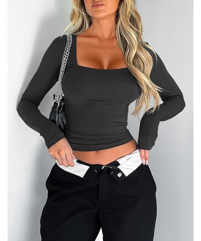 Women's 2 Piece Long Sleeve Square Neck Slim Fit Crop Tops T-Shirt Tees Streetwear 2024 Fashion Y2K Tops Black & White $19.64...