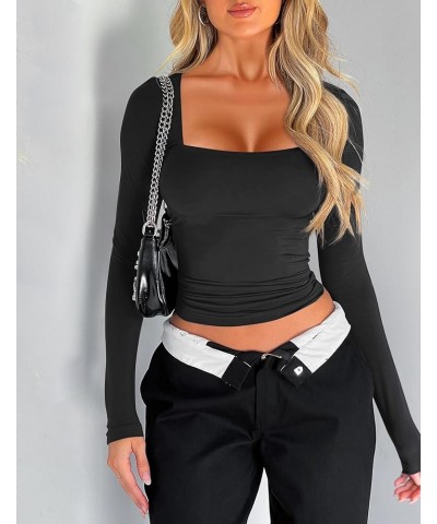 Women's 2 Piece Long Sleeve Square Neck Slim Fit Crop Tops T-Shirt Tees Streetwear 2024 Fashion Y2K Tops Black & White $19.64...