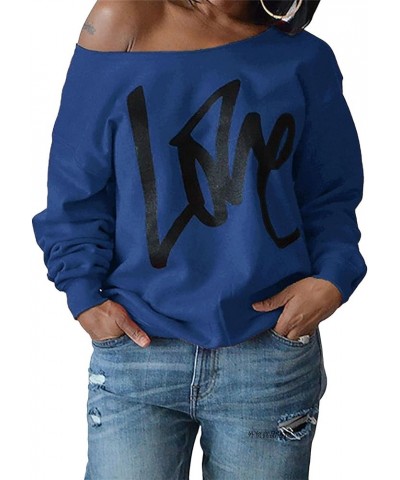 Women's Off The Shoulder Sweatshirts Funny Love Letter Printed Long Sleeve Pullover Shirt Navy Blue $11.12 Hoodies & Sweatshirts