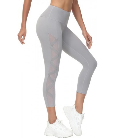 Women's Mesh Leggings Yoga Pants with Pocket, Non See-Through Capri High Waisted Tummy Control 4 Way Stretch Light Gray-capri...