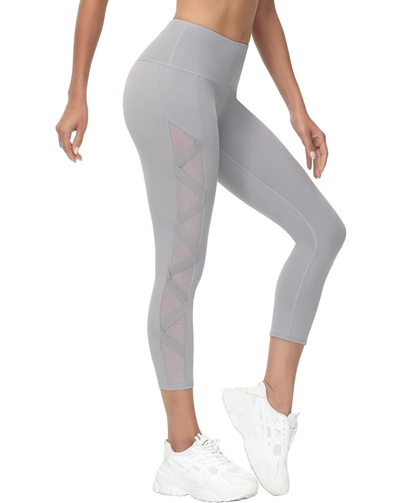 Women's Mesh Leggings Yoga Pants with Pocket, Non See-Through Capri High Waisted Tummy Control 4 Way Stretch Light Gray-capri...