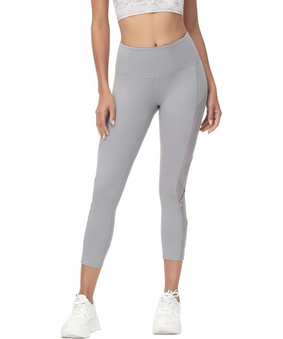 Women's Mesh Leggings Yoga Pants with Pocket, Non See-Through Capri High Waisted Tummy Control 4 Way Stretch Light Gray-capri...