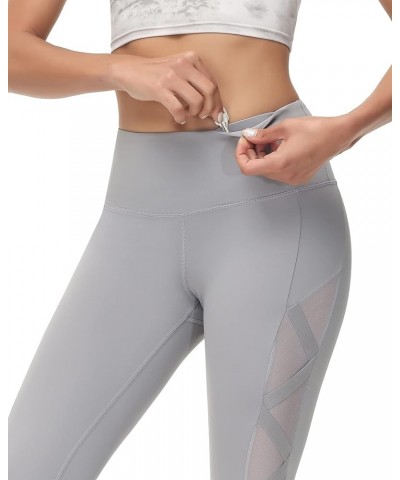 Women's Mesh Leggings Yoga Pants with Pocket, Non See-Through Capri High Waisted Tummy Control 4 Way Stretch Light Gray-capri...