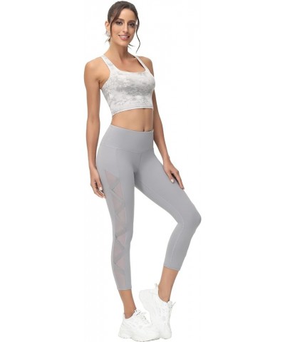 Women's Mesh Leggings Yoga Pants with Pocket, Non See-Through Capri High Waisted Tummy Control 4 Way Stretch Light Gray-capri...