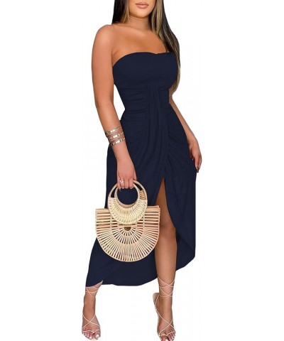 Women's Strapless Ruched High Waist Wrap Split Asymmetrical Beach Maxi Long Dress Navy Blue 3 $22.50 Swimsuits