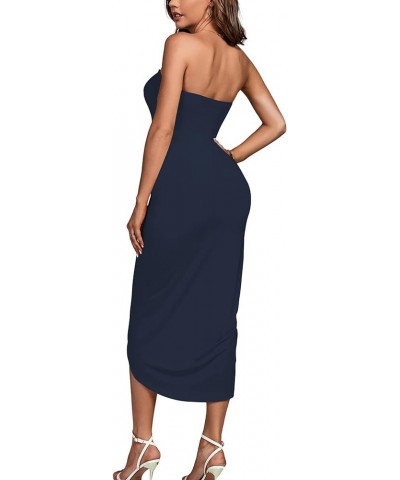 Women's Strapless Ruched High Waist Wrap Split Asymmetrical Beach Maxi Long Dress Navy Blue 3 $22.50 Swimsuits