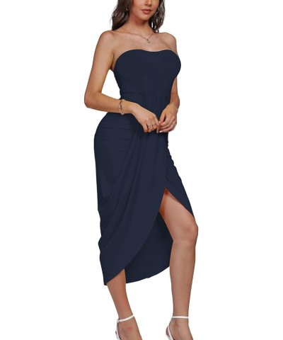 Women's Strapless Ruched High Waist Wrap Split Asymmetrical Beach Maxi Long Dress Navy Blue 3 $22.50 Swimsuits