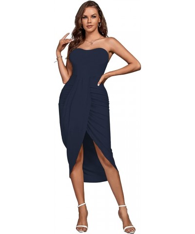 Women's Strapless Ruched High Waist Wrap Split Asymmetrical Beach Maxi Long Dress Navy Blue 3 $22.50 Swimsuits