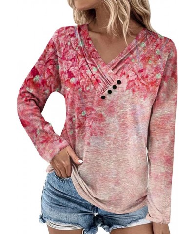 Women Long Sleeve Tops Spring Fashion Clothing for Women 2024 Casual Loose V Neck Button Shirts Slim Fit Blouses 17-red $10.0...