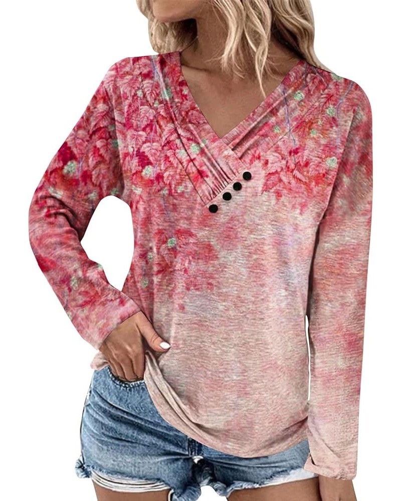 Women Long Sleeve Tops Spring Fashion Clothing for Women 2024 Casual Loose V Neck Button Shirts Slim Fit Blouses 17-red $10.0...